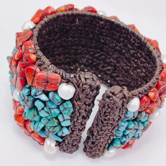 Signed SOMS TH Turquoise Coral Pearl Boho Artisan Woven Adjustable Cuff Bracelet - Picture 4 of 9